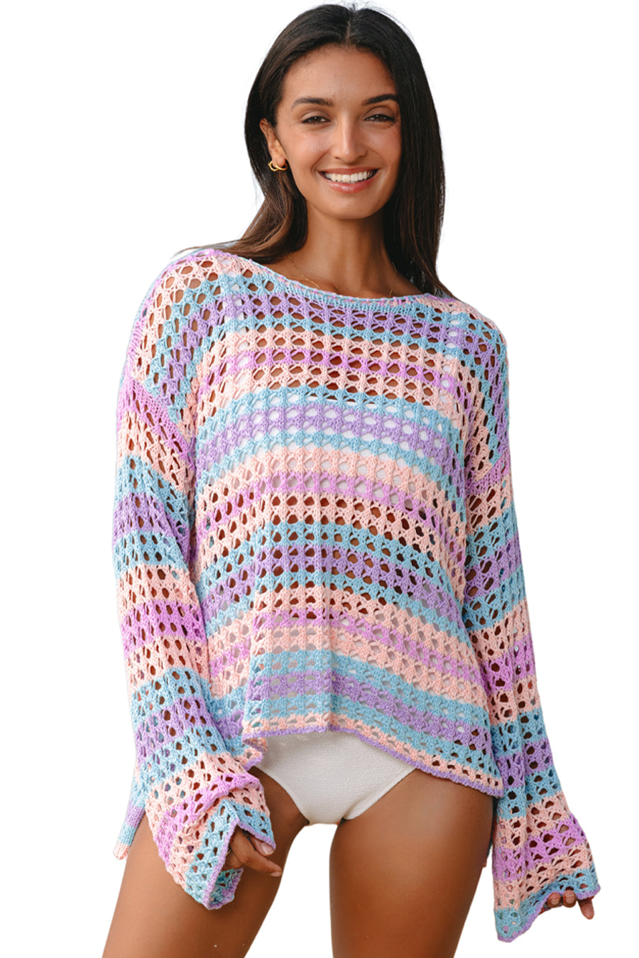 Openwork Side Slit Crew Neck Striped Cover-Up B- 2 Colors