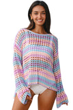 Openwork Side Slit Crew Neck Striped Cover-Up B- 2 Colors