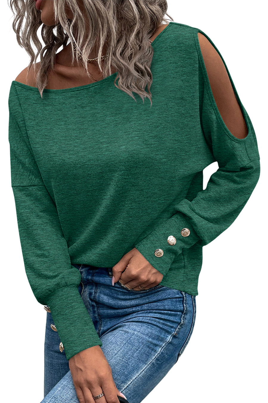 Green Boat Neck Cutout Long Sleeve Blouse with Button Detail Cuffs