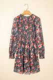 Brown Frilly Smocked Bodice Floral Mesh Long Sleeve Mini Dress