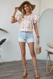 Pink Rose Layered Ruffle Short Sleeve Blouse