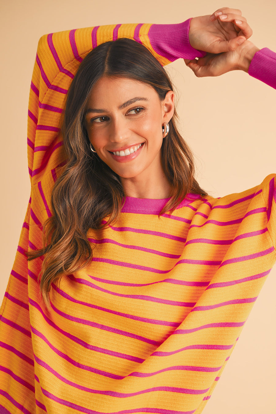 Striped Crew Neck Drop Shoulder Loose Sweater- 3 Colors