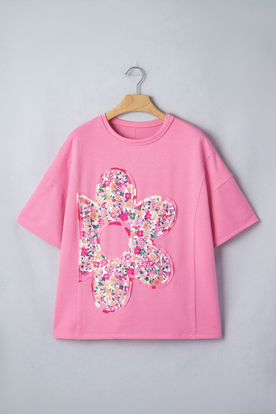 Pink Floral Patched Exposed Seam Oversized T-Shirt- 2 Colors