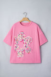 Pink Floral Patched Exposed Seam Oversized T-Shirt- 2 Colors
