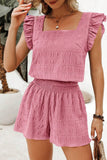 Textured Ruffle Blouse and Shirred High-Waist Shorts Set- 5 Colors