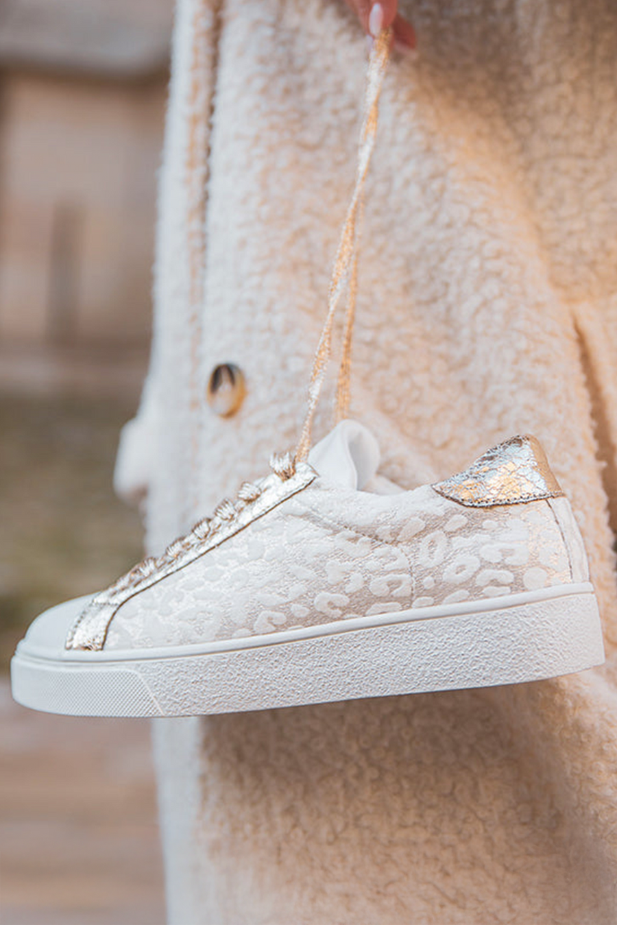 White & Gold Leopard Print Sneakers