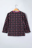 Black Floral Contrast Trim V-Neck Lantern Sleeve Blouse
