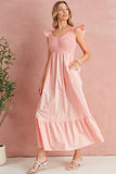 V-Neck Flutter Sleeve Smocked Bodice High Waist Ruffle Maxi Dress with Pockets- 2 Colors