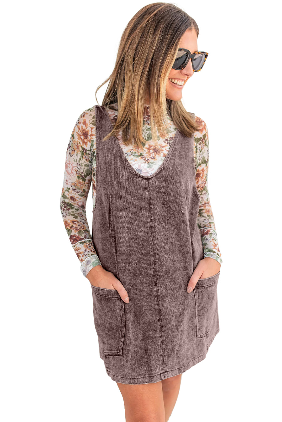 Dusty Cocoa Vintage Washed Denim Suspender Mini Dress with Pockets