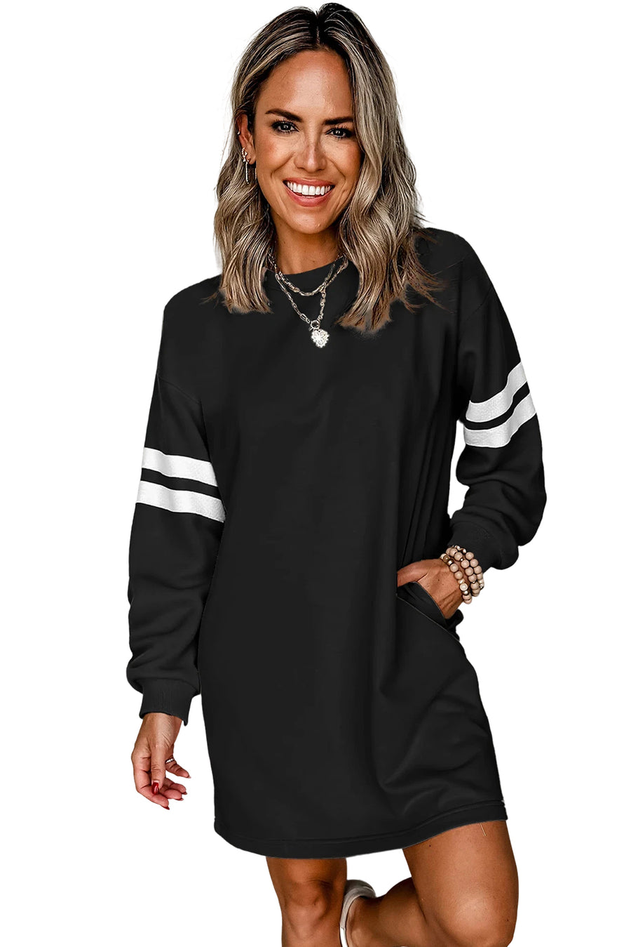 Varsity Striped Long Sleeve Loose Mini Dress with Pockets- 5 Colors