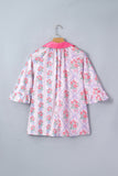 Bright Pink Bow Bouquets Collared Ruffled Short Sleeve Button-Up Blouse