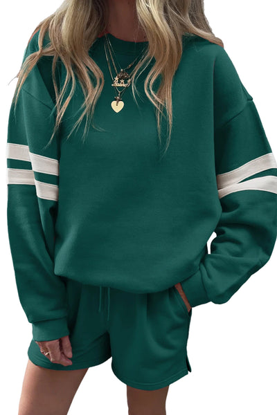Varsity Striped Sleeve Drop Shoulder Sweatshirt and Shorts Set- 5 Colors