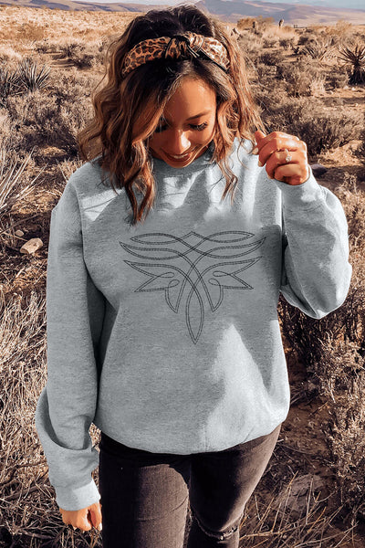 Gray Boot Stitch Pattern Embroidered Pullover Sweatshirt