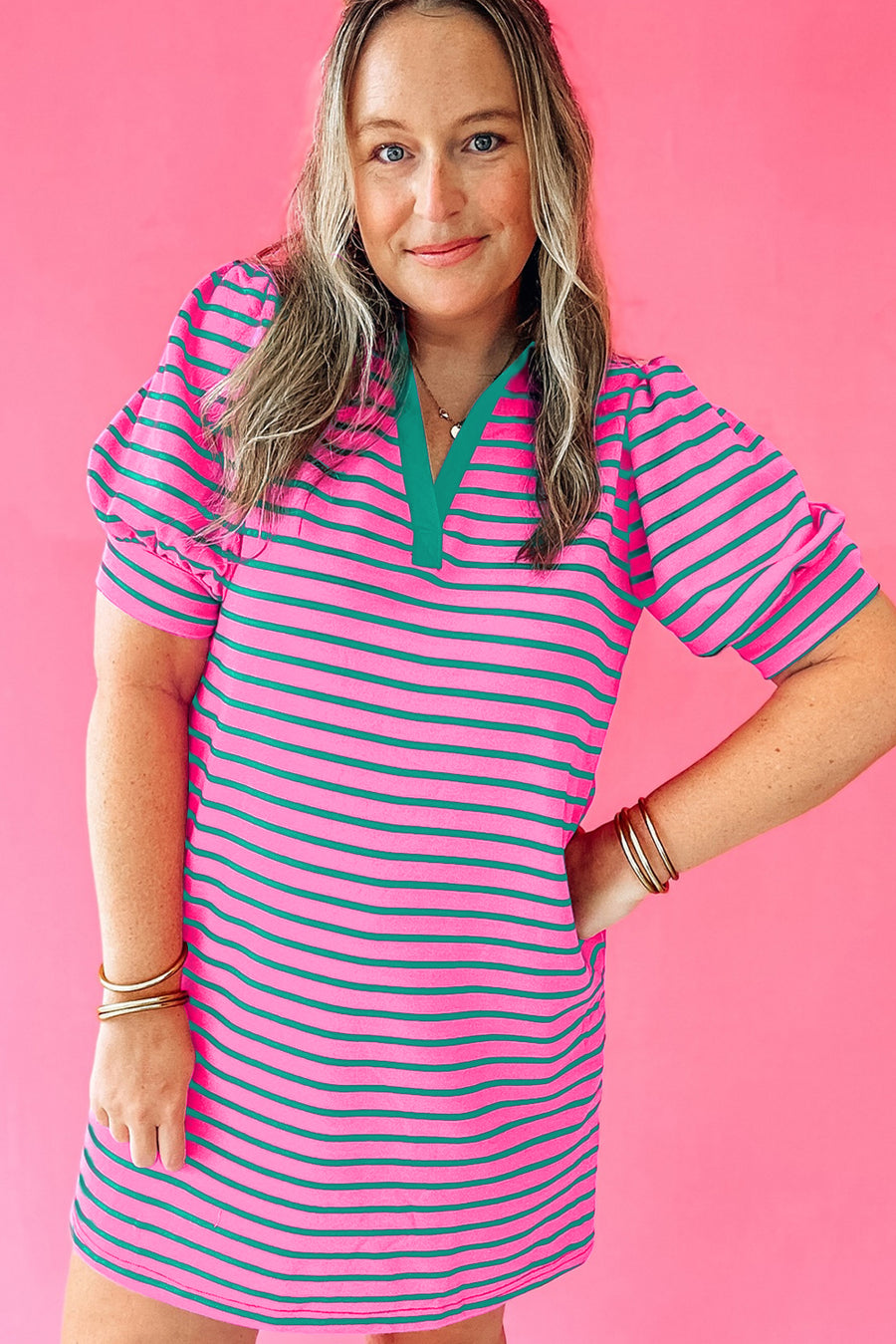 Plus Size Bright Pink and Green Stripe Collared Puff Sleeve Mini Dress with Pockets