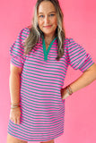 Plus Size Bright Pink and Green Stripe Collared Puff Sleeve Mini Dress with Pockets