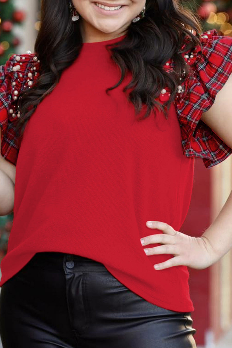 Plus Size Racing Red Plaid Pearl Ruffled Sleeve Knit Holiday Top