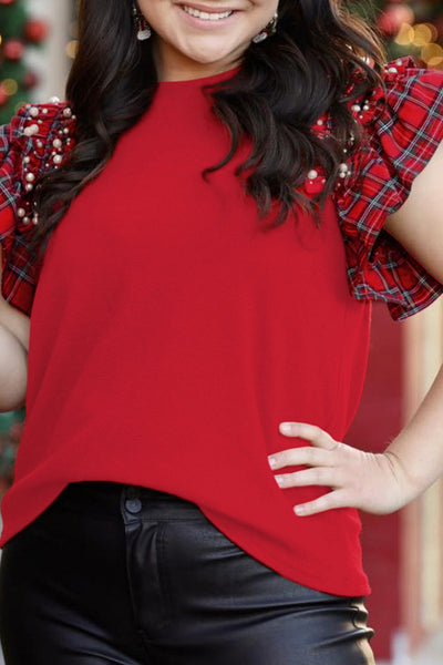 Plus Size Racing Red Plaid Pearl Ruffled Sleeve Knit Holiday Top