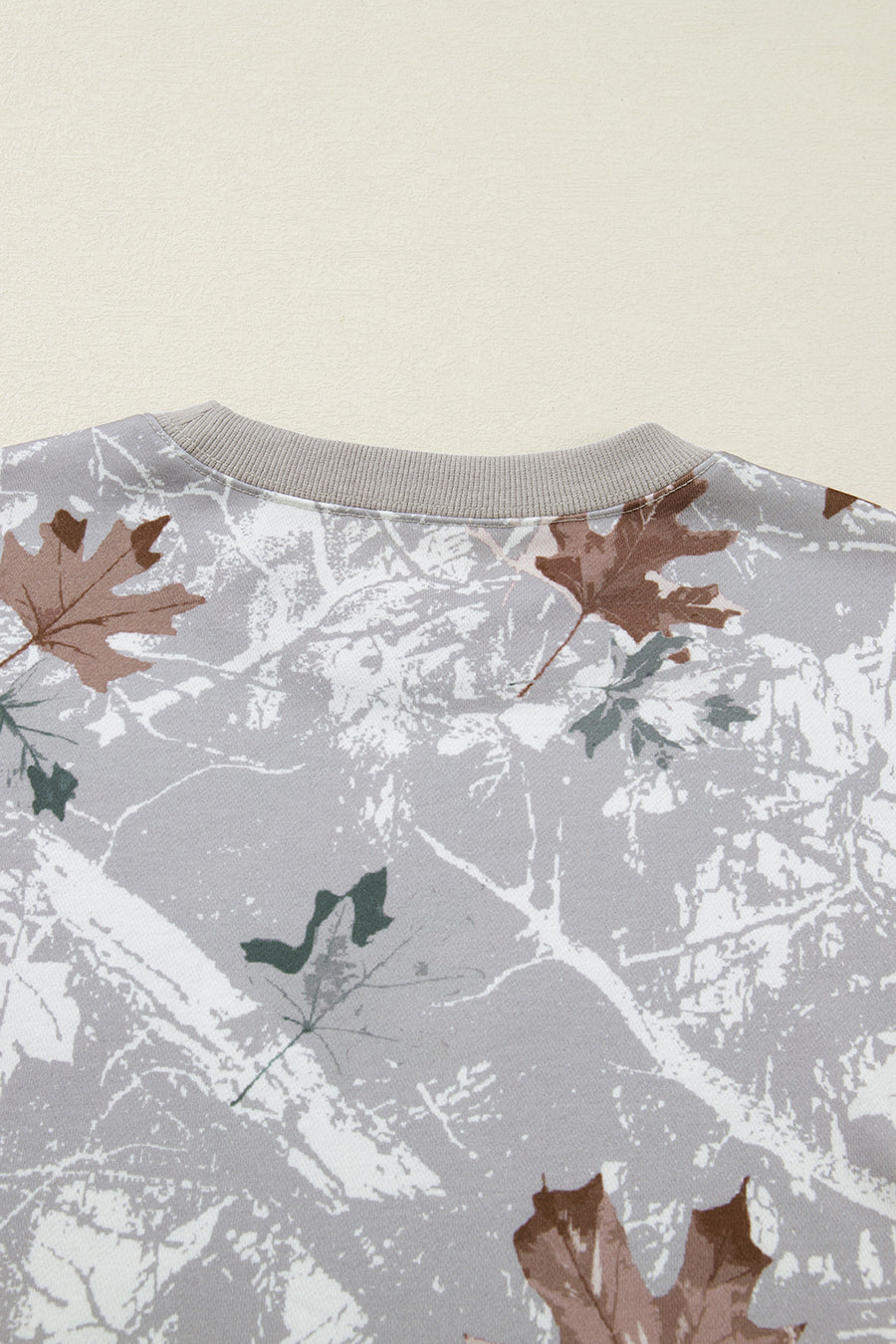 Gray Maple Leaf Camouflage Print Varsity Striped Sleeve Casual Sweatshirt