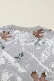 Gray Maple Leaf Camouflage Print Varsity Striped Sleeve Casual Sweatshirt