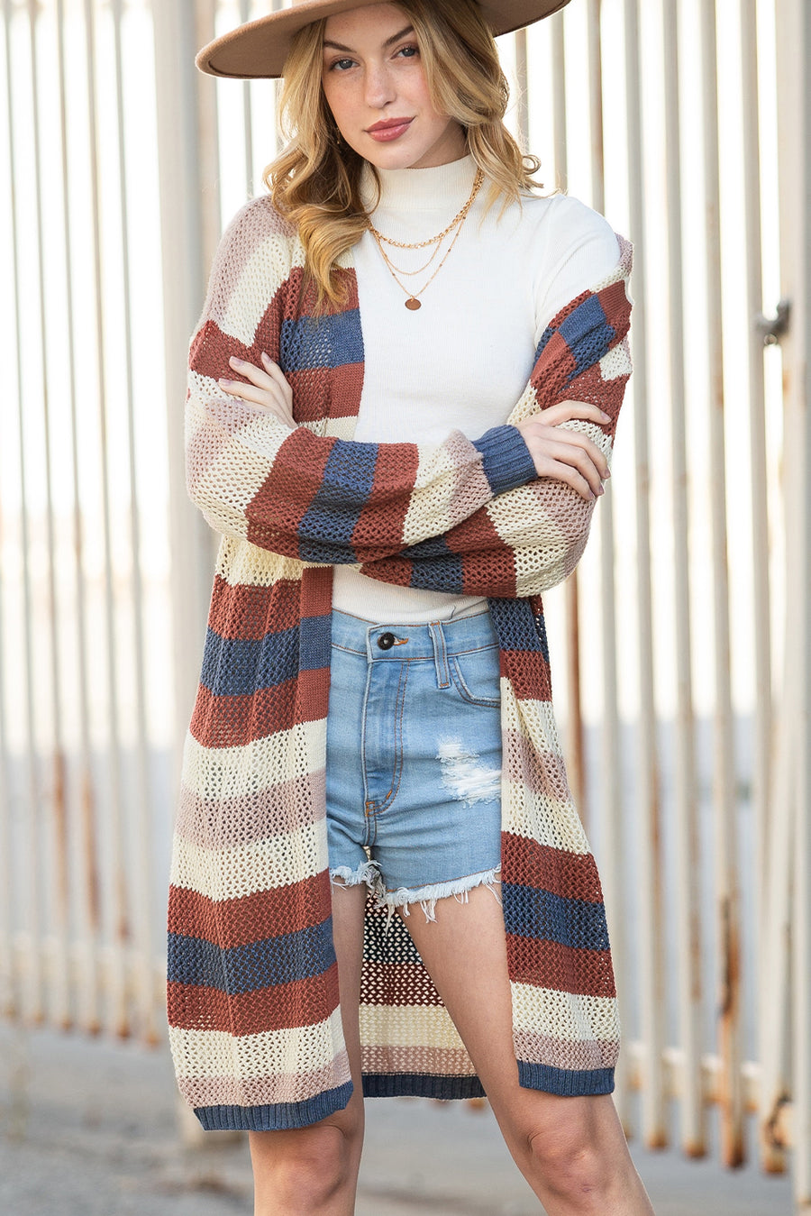 Blue Multi Openwork Color Block Knit Cardigan