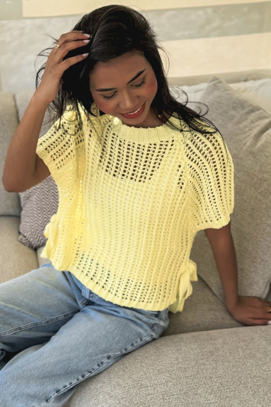 Side Tie Crochet Knit Short Sleeve Sweater- 2 Colors