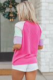 Twist Ribbed Color Block Patchwork Short Sleeve Henley T-Shirt- 2 Colors