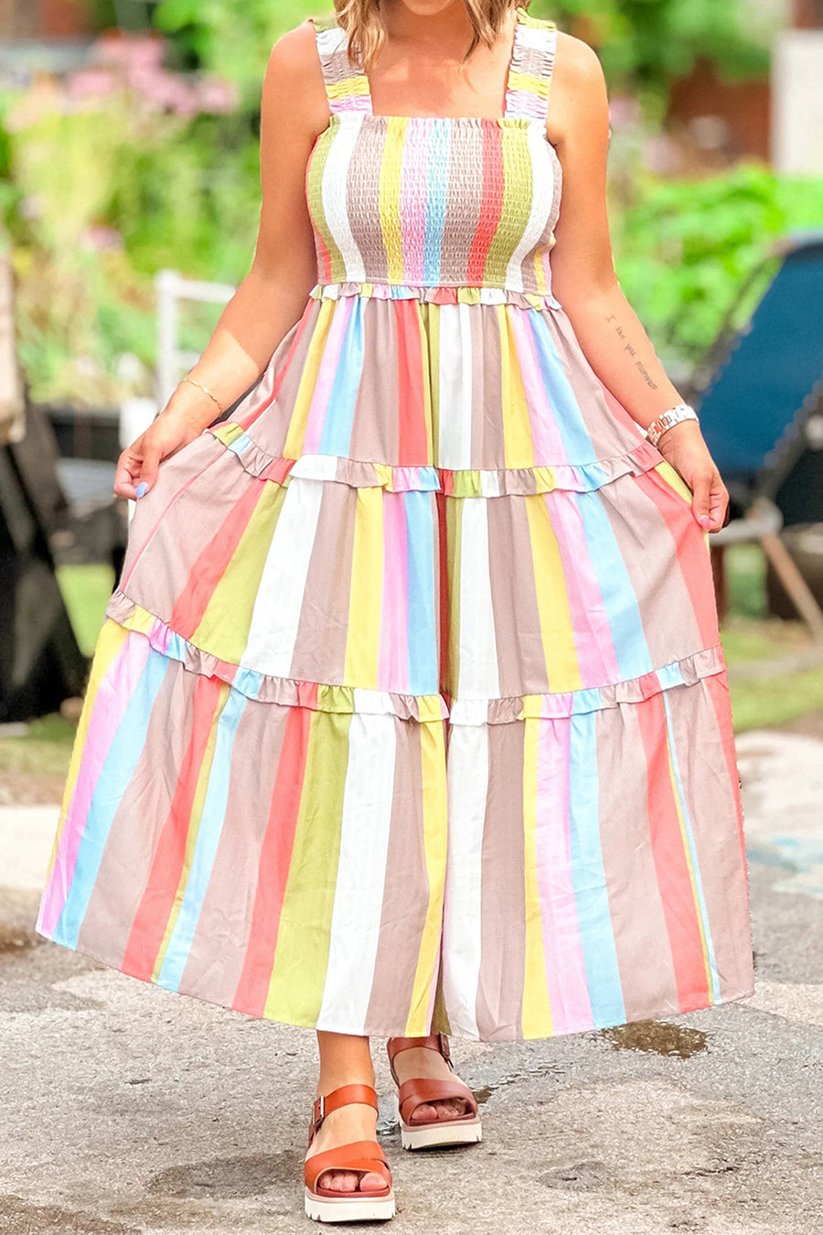 *Pre-Order* Multicolored Striped Shirred Frilly Tiered Maxi Dress