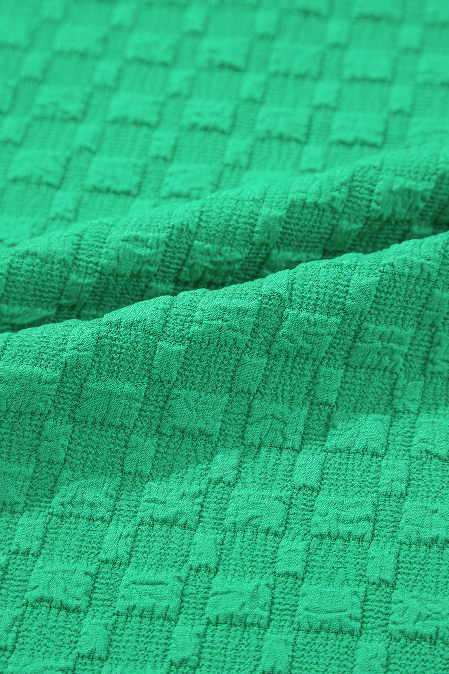 Bright Green Textured Puff Sleeve Frilled & Notched V-Neck Blouse