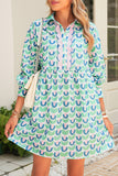 Mint Floral Print Scallop Trim Long Sleeve Mini Dress with Pockets