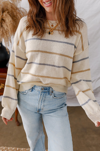 Brown Striped Ribbed Edge Drop Shoulder Sweater