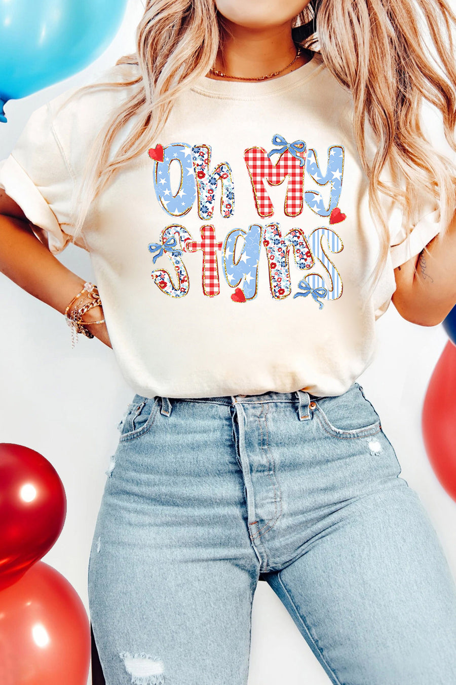 White Oh My Stars Patchwork Print Graphic T-Shirt