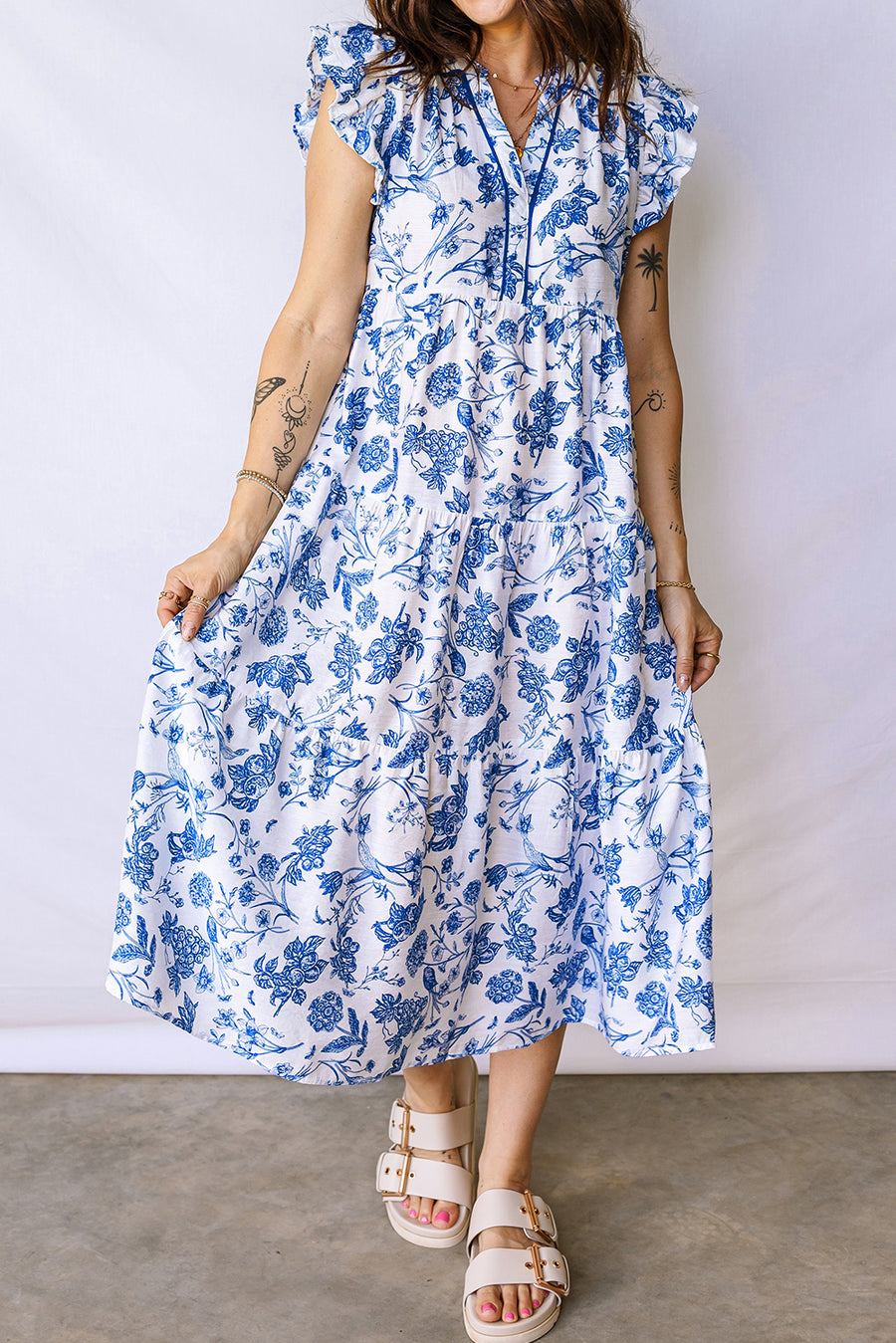 Blue Floral Ruffled Short Sleeve Tiered Midi Dress