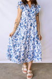 Blue Floral Ruffled Short Sleeve Tiered Midi Dress