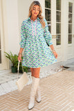 Mint Floral Print Scallop Trim Long Sleeve Mini Dress with Pockets