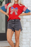 Red American Sequin Bow Contrast Puff Sleeve Blouse
