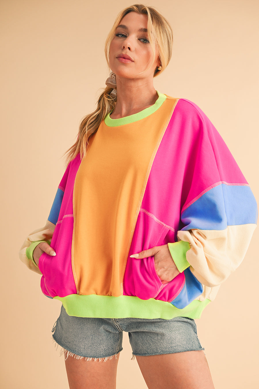 Color Block Patchwork Drop Shoulder Sweatshirt with Pockets- 2 Colors