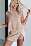 Yellow Cream Solid Color Washed Sleeveless Top Split Skort Cotton 2pcs Outfit