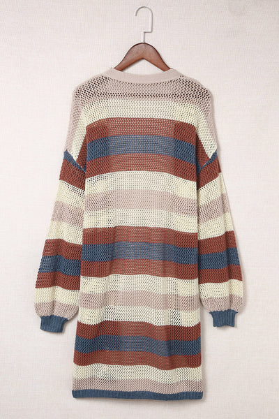 Dark Blue Color Block Striped Cut Out Knit Cardigan