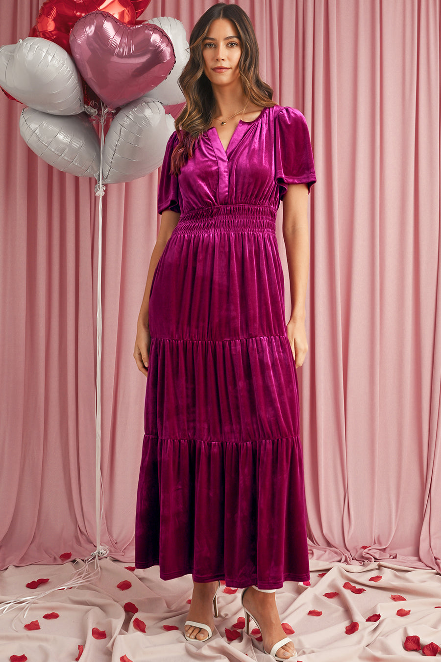 Velvet Puff Short Sleeve Smocked Waist Tiered Maxi Dress with Pockets- 3 Colors