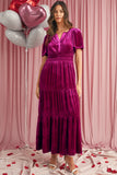 Velvet Puff Short Sleeve Smocked Waist Tiered Maxi Dress with Pockets- 3 Colors