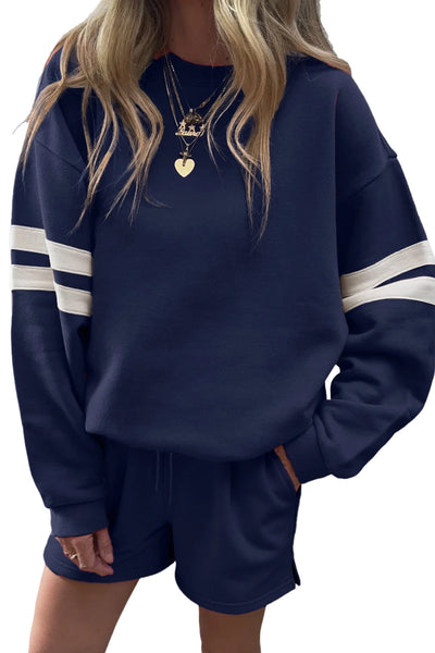 Varsity Striped Sleeve Drop Shoulder Sweatshirt and Shorts Set- 5 Colors