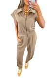 Khaki Zip-Up Short Sleeve Collared Jumpsuit with Pockets