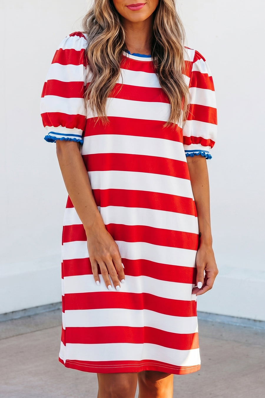 Striped Contrast Trim Crew Neck Short Puff Sleeve Shift Mini Dress- 2 Colors