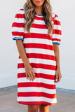 Striped Contrast Trim Crew Neck Short Puff Sleeve Shift Mini Dress- 2 Colors