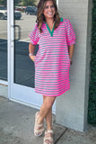 Plus Size Bright Pink and Green Stripe Collared Puff Sleeve Mini Dress with Pockets