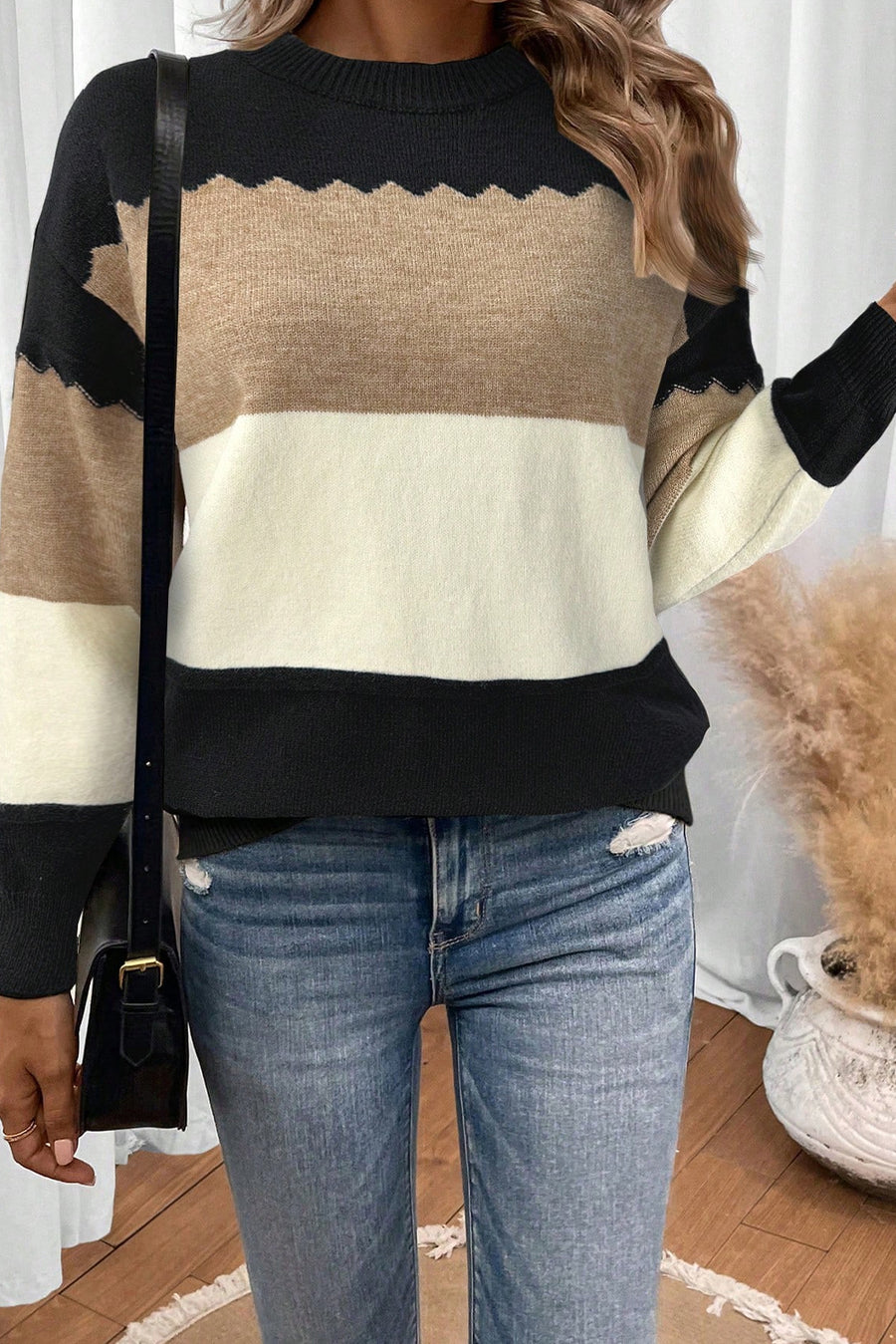 Color Block Crew Neck Drop Shoulder Scallop Detail Sweater- 3 Colors