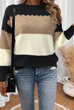 Color Block Crew Neck Drop Shoulder Scallop Detail Sweater- 3 Colors