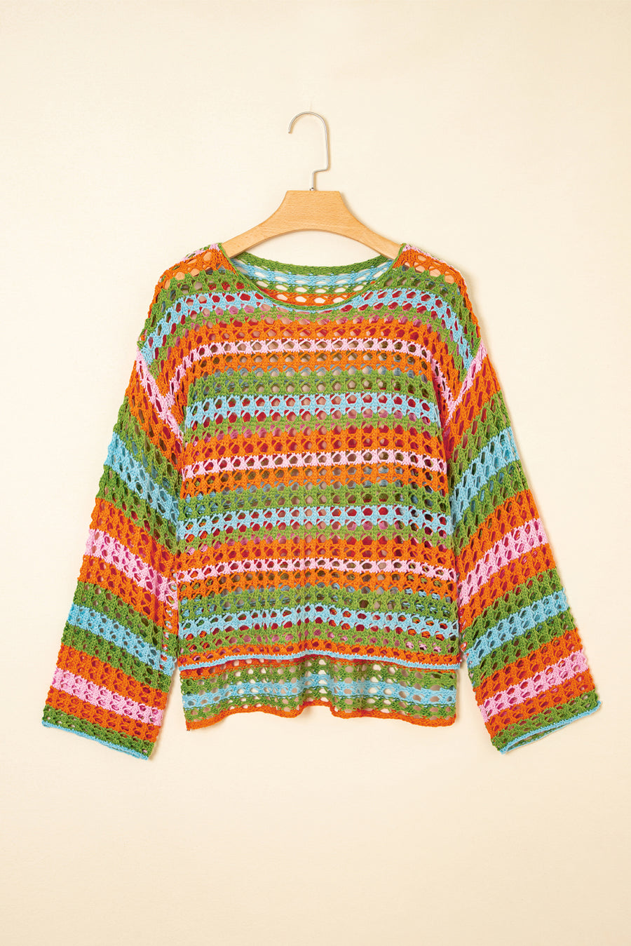 Openwork Side Slit Crew Neck Striped Cover-Up B- 2 Colors