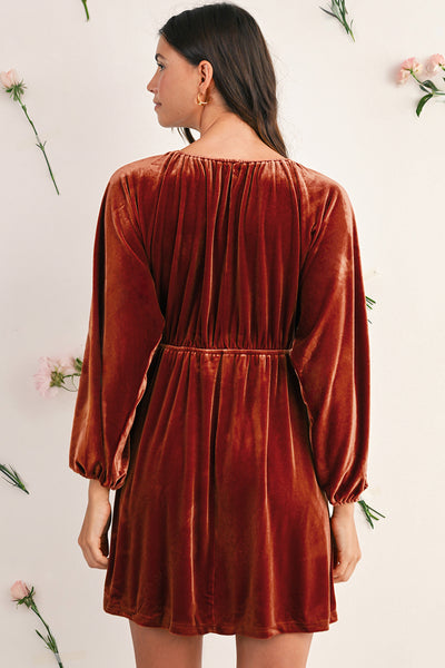 Clay Elastic V Neck Puff Sleeve Flowy Velvet Dress