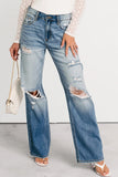 Medium Blue Mid-Rise Distressed Straight Leg Jeans